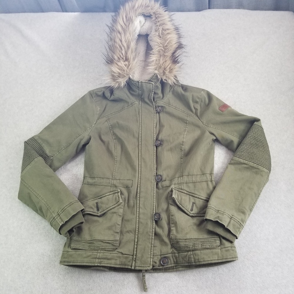 Hollister Jacket Womens Medium Green Faux Fur Hood Parka Utility Military Plaid
